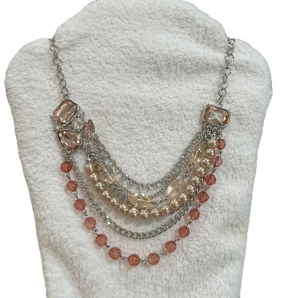 New York and Company Pink Rhinestones Beaded Fairy Necklace Layered Statement